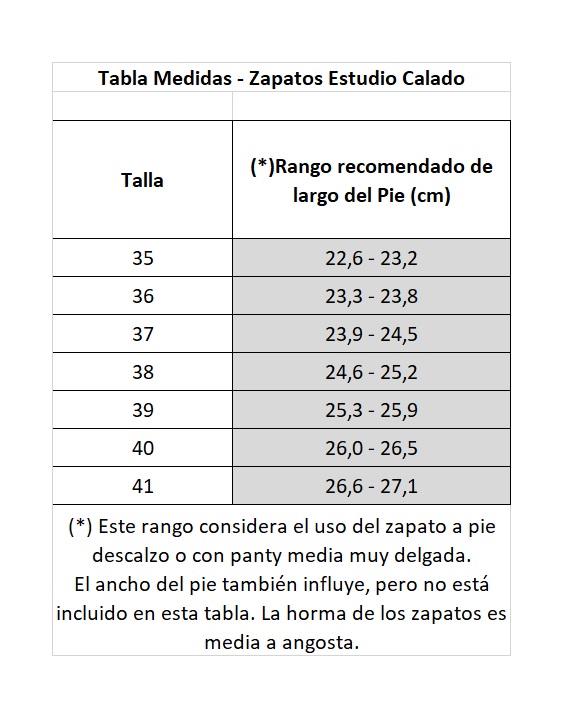 Tabla medidas zapato flamenco Estudio Calado
