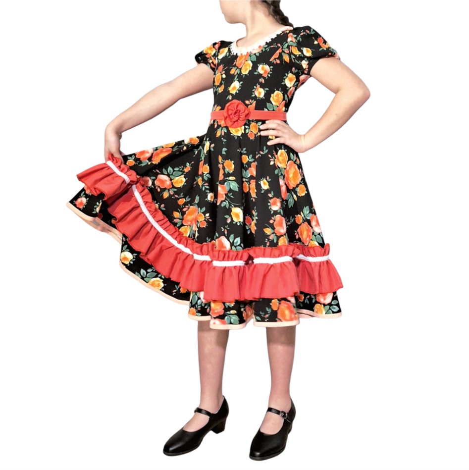 Vestido de Cueca Chile negro volante coral f13