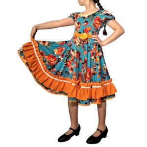 1.1) Vestido de Huasa turquesa volante naranjo - pequeño