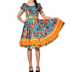 2.1) Vestido de Huasa turquesa volante naranjo