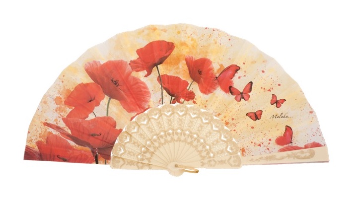 Abanico plastico Chile mariposas rojas varilla marfil