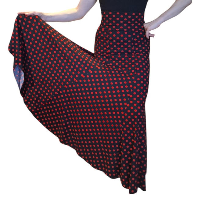 Falda ensayo flamenco Chile 6 cortes Godet acanalada negro lunar rojo f1