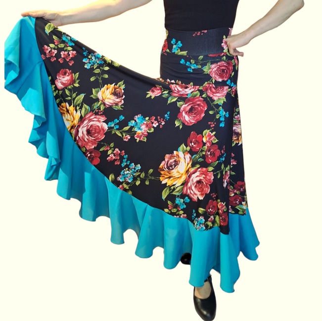Falda flamenco Chile Rociera Flores multi Vol turquesa f1 v2