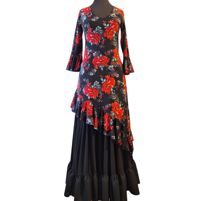 Vestido Diagonal flamenco lycra negro rosas verde-rojo LIV f1 v2
