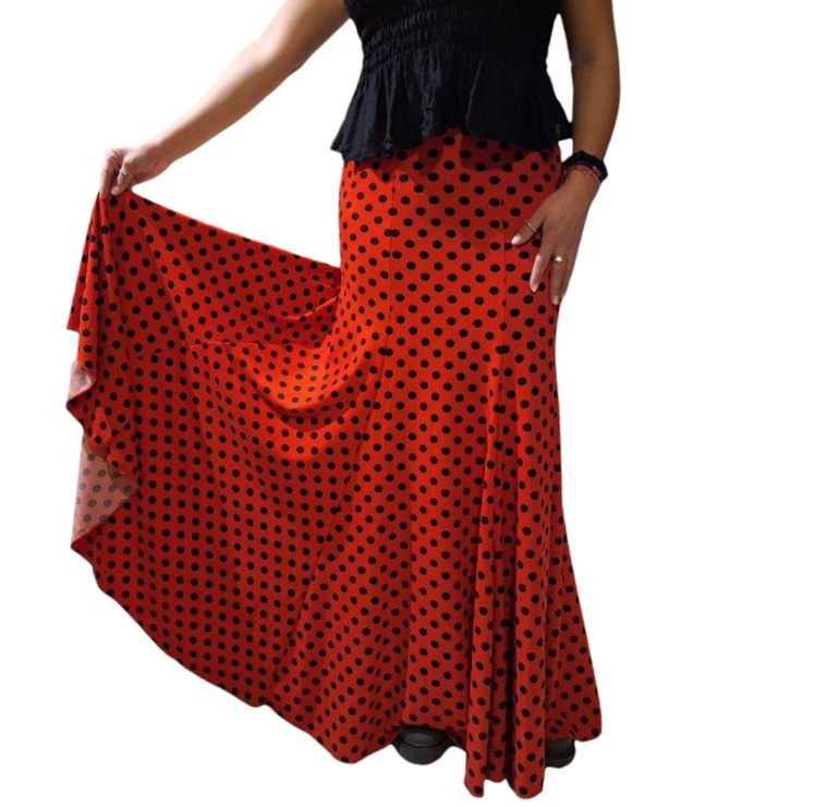 Falda 6 cortes Godet acanalada rojo lunar negro f1