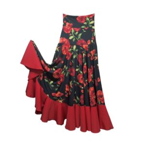 f) Falda Rociera flor roja con hojas - volante rojo vivo