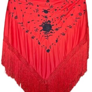 Mantón Grande Polyester 150×150cm – Rojo flores negras