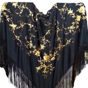 z. Mantón Grande Polyester 150×150cm – Negro flores chicas doradas