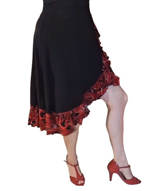 Falda de baile Chile cruzada flor roja f1