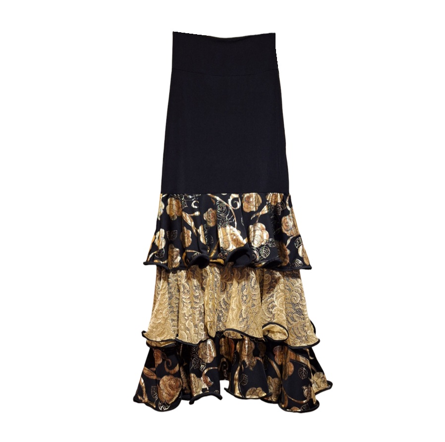 Falda flamenco Chile F018A Cascada flores y encaje dorado