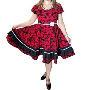 2.6) Vestido de Cueca floreado rojo volante negro