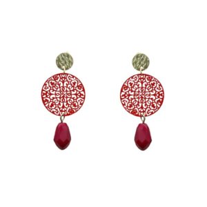 Pendiente filigrana cí­rculo gota rojo (5,5 cm)