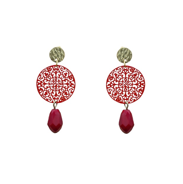 AF45AR Pendiente circulo filigrana gota roja f1