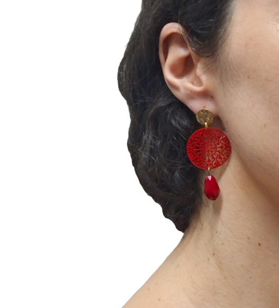 AF45AR Pendiente circulo filigrana gota roja f2