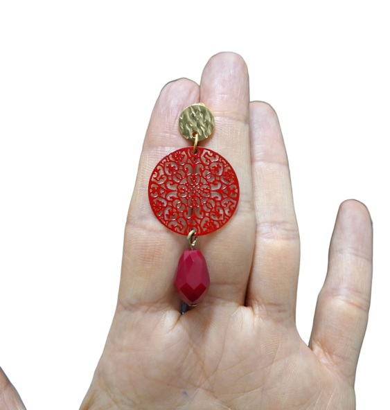 AF45AR Pendiente circulo filigrana gota roja f3