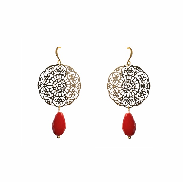 AI018R Pendiente Redondo Filigrana oro-rojo