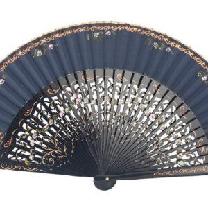 Abanico Pintado a Mano azul marino flores pequeñas (23 cm)