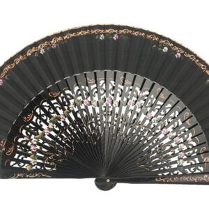 Abanico Pintado a Mano negro flores pequeñas (23 cm)