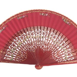 Abanico Pintado a Mano burdeo flores pequeñas (23 cm)