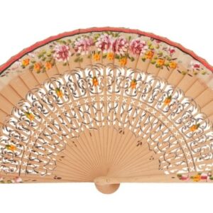 Abanico Pintado a Mano natural flores burdeo (23 cm)