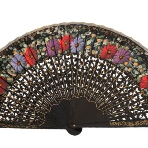 Abanico Pintado a Mano negro gerberas (23 cm)