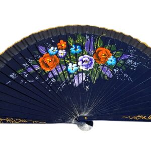 Abanico Pintado a Mano azul marino flores (23 cm)
