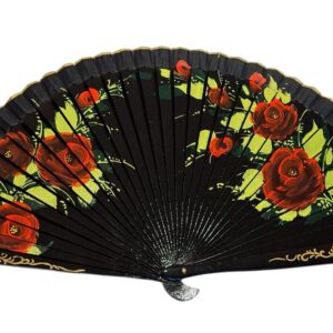 Abanico Pintado a Mano negro rosas rojas (23 cm)