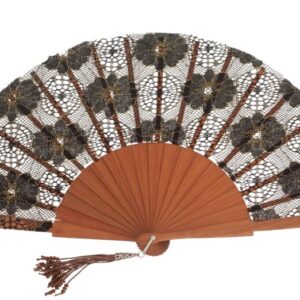 Abanico Peral con Encaje negro-dorado (23 cm)