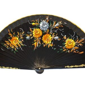 Abanico Pintado a Mano negro flores oro (23 cm)