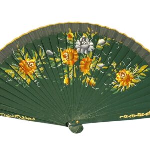 Abanico Pintado a Mano verde flores (23 cm)