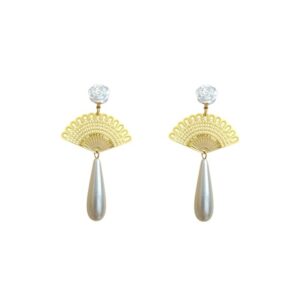 Aros Abanico oro-perla blanca (7 cm)
